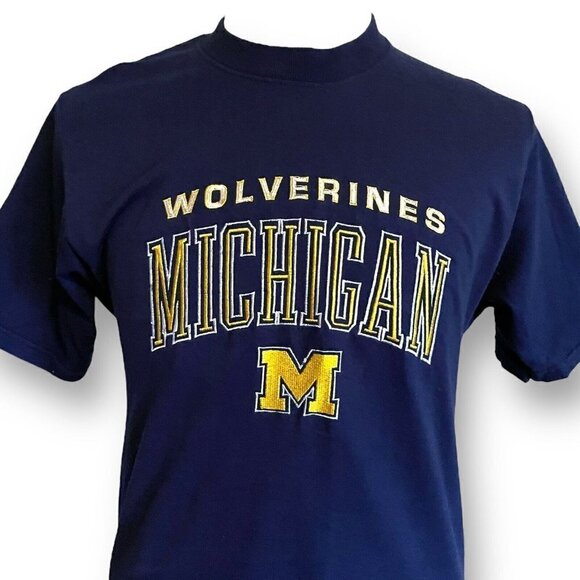 Vintage 1990s Pro Player Michigan Wolverines Tshirt Mens M Navy Blue Embroidered - Picture 3 of 8